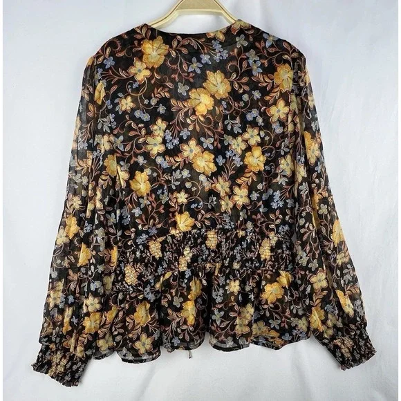 Old Navy Womens Top Size XL Dark Floral Smocked Long Sleeve Peplum Shirt - Picture 11 of 15